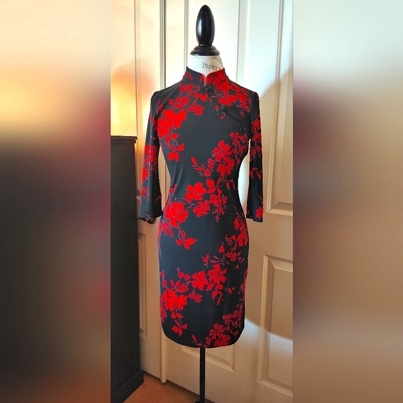 Jodi Kristopher Elegant Black and Red Floral cheongsam Dress - Picture 1 of 7